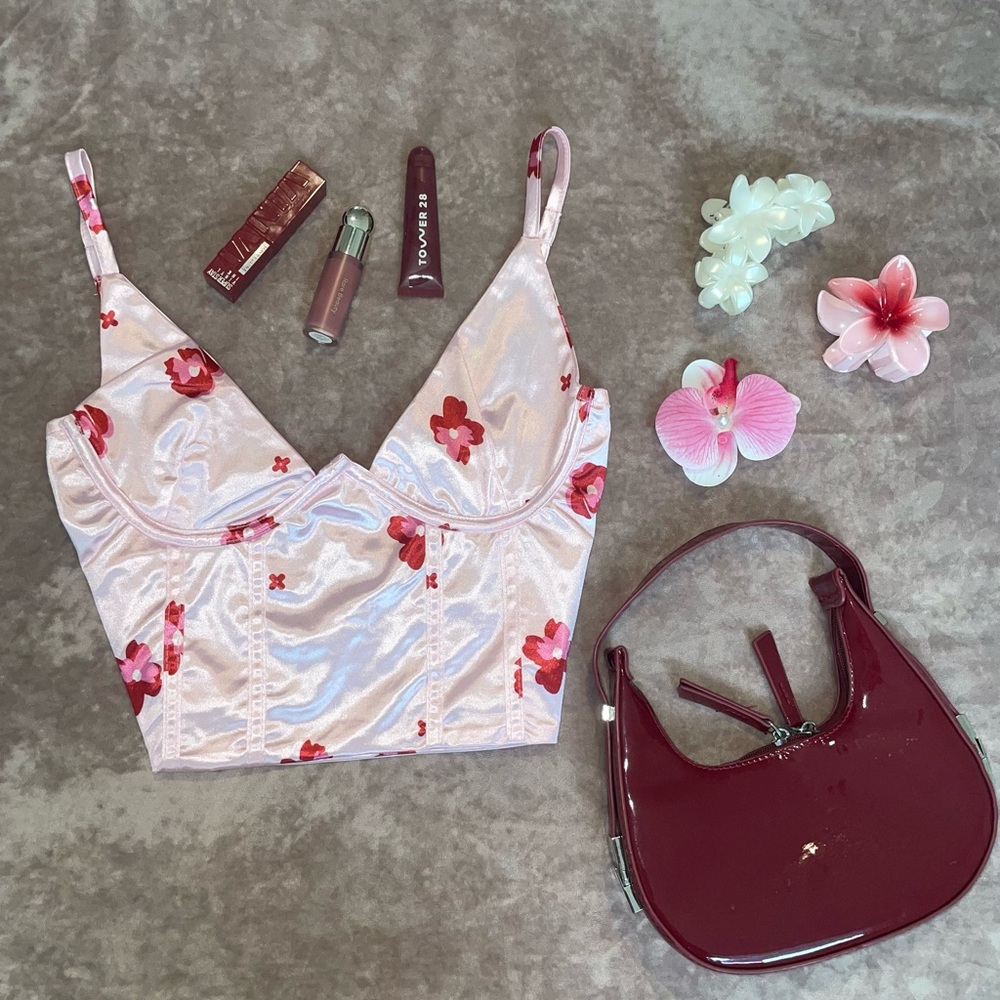 Floral Pink Satin Crop Top